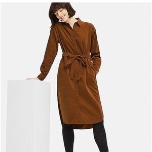 Uniqlo S Corduroy Midi Shirt Dress. Brown, Belted